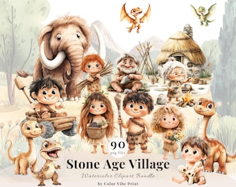 Stone Age Village Watercolor Clipart Bundle, Prehistoric PNG Set, Caveman Kids, Mammoth and Dino Graphics, Commercial Use, Digital Download