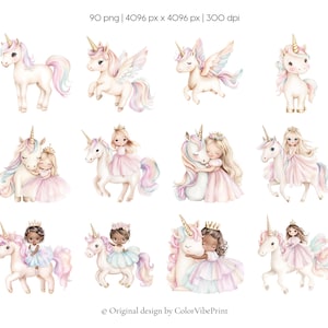 Puede incluir: Una colecci&oacute;n de ilustraciones en acuarela con unicornios y ni&ntilde;as. Los unicornios tienen cuernos dorados y crines y colas pastel. Algunos unicornios tienen alas. Las ni&ntilde;as visten vestidos de princesa y coronas. Las ilustraciones son en colores pastel suaves.