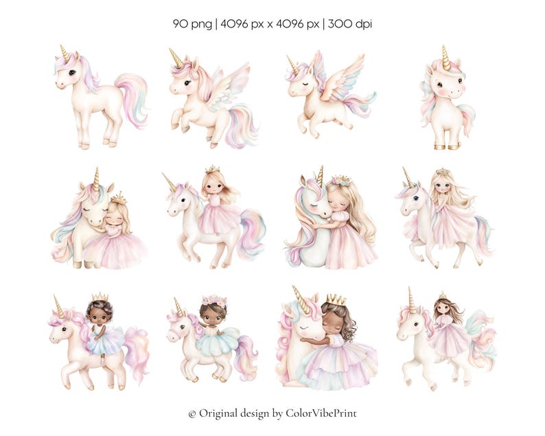 Puede incluir: Una colecci&oacute;n de ilustraciones en acuarela con unicornios y ni&ntilde;as. Los unicornios tienen cuernos dorados y crines y colas pastel. Algunos unicornios tienen alas. Las ni&ntilde;as visten vestidos de princesa y coronas. Las ilustraciones son en colores pastel suaves.