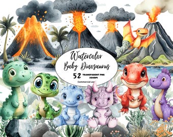 Watercolor Baby Dinosaur Clipart, 52 PNG Graphics (Digital Download)