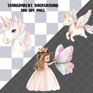 Puede incluir: Ilustraciones en acuarela de un unicornio, un unicornio alado y una ni&ntilde;a con una mariposa. El unicornio tiene un cuerno dorado y una melena rosa y azul. El unicornio alado tiene alas rosas. La ni&ntilde;a lleva una corona y un vestido rosa. El texto "TRANSPARENT BACKGROUND 300 DPI PNGS" est&aacute; en la parte superior.