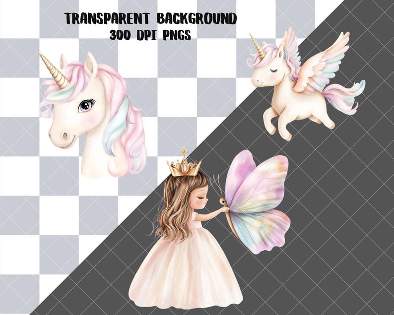 Puede incluir: Ilustraciones en acuarela de un unicornio, un unicornio alado y una ni&ntilde;a con una mariposa. El unicornio tiene un cuerno dorado y una melena rosa y azul. El unicornio alado tiene alas rosas. La ni&ntilde;a lleva una corona y un vestido rosa. El texto "TRANSPARENT BACKGROUND 300 DPI PNGS" est&aacute; en la parte superior.