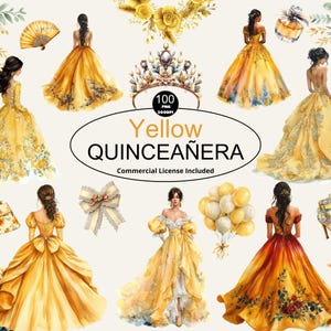Aquarel gele Quinceanera cliparts, bruidsjurken, doe-het-zelf uitnodiging, Mexicaanse jurk, prinsessenelementen, feestdecoraties