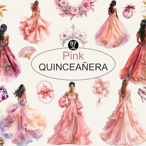 Aquarel roze Quinceanera cliparts, bruidsjurken, doe-het-zelf uitnodiging, Mexicaanse jurk, prinsessenelementen, feestdecoraties
