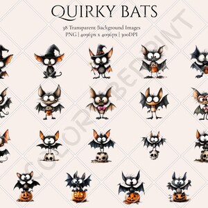 Pu&ograve; includere: Una collezione digitale di 38 immagini PNG trasparenti intitolata QUIRKY BATS, con pipistrelli dagli occhi grandi, alcuni con cappelli da strega o appollaiati su zucche e teschi. Testo: QUIRKY BATS, 38 Transparent Background Images, PNG | 4096px x 4096px | 300DPI.