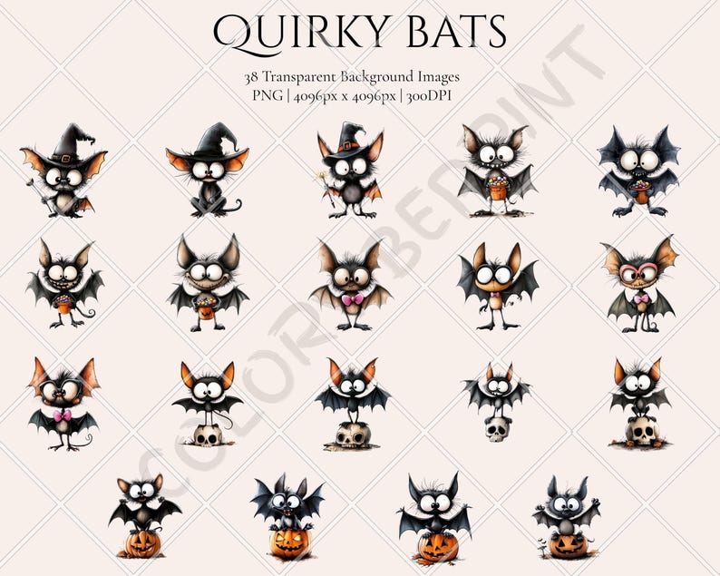 Pu&ograve; includere: Una collezione digitale di 38 immagini PNG trasparenti intitolata QUIRKY BATS, con pipistrelli dagli occhi grandi, alcuni con cappelli da strega o appollaiati su zucche e teschi. Testo: QUIRKY BATS, 38 Transparent Background Images, PNG | 4096px x 4096px | 300DPI.