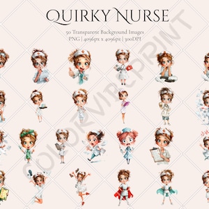 Quirky Nurse Clipart Bundle, Funny PNG, Cartoon Characters, Chibi Planner Graphics, Digital Downloads