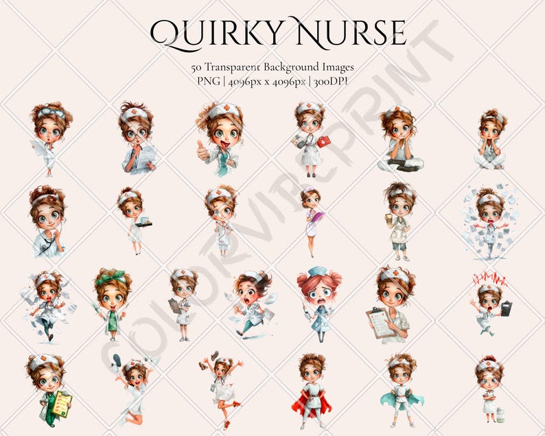 Quirky Nurse Clipart Bundle, Funny PNG, Cartoon Characters, Chibi Planner Graphics, Digital Downloads