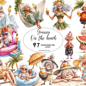 Lot de cliparts drôles de vieille dame de plage, grand-mère excentrique à l'aquarelle, cocktails de grand-mère mignons PNG, téléchargements numériques, utilisation commerciale, PNG transparent