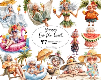 Funny Old Lady Beach Clipart Bundle, Watercolor Quirky Grandma, Cute Granny Cocktails PNG, Digital Downloads, Comercial Use, Transparent PNG