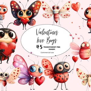 Cute Valentine's Day Lovely Bugs Clipart Bundle, Ladybug Moth Butterfly, Mother's Day PNG, Lovely Cliparts, Watercolor Digital Download