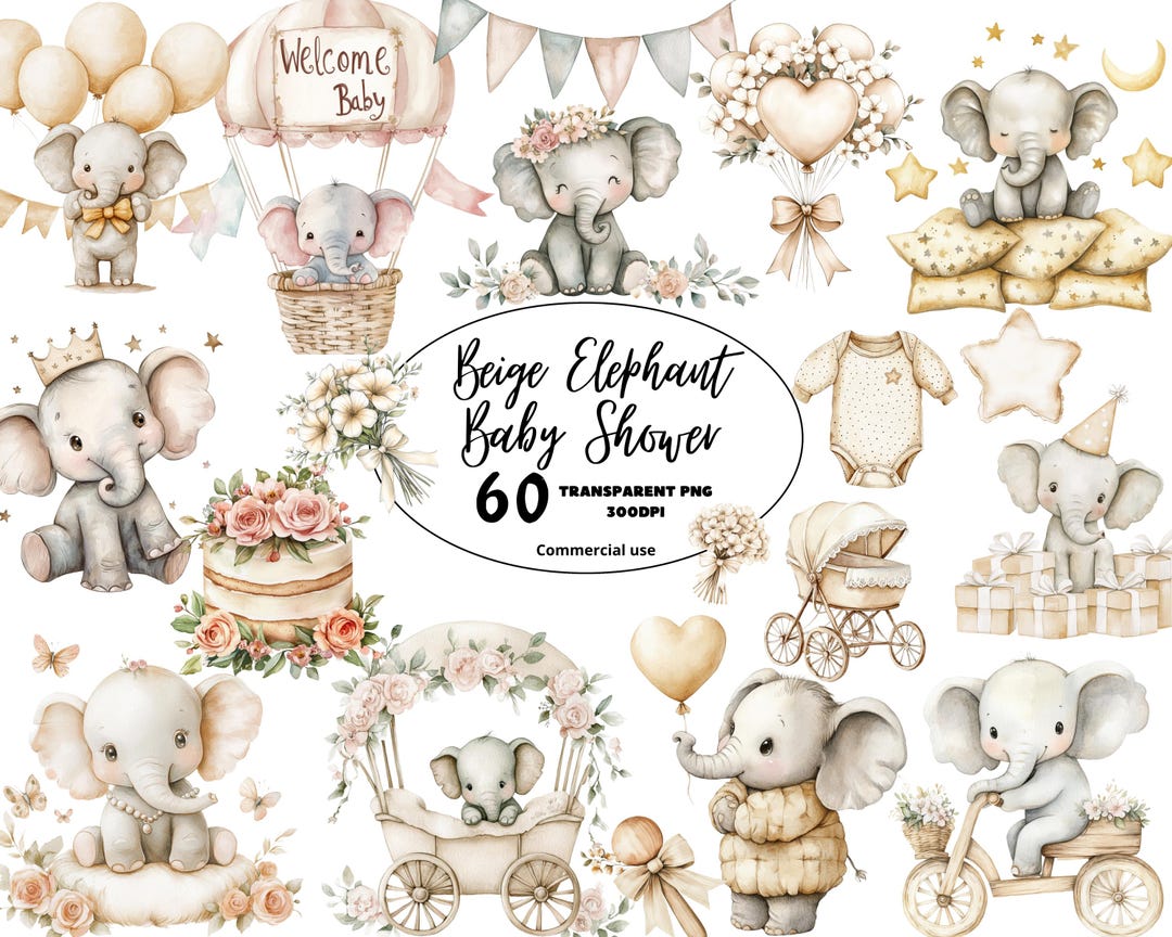 Neutral Elephant Baby Shower Clipart PNG, Beige Watercolor Cute Baby ...