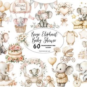 Clipart PNG per baby shower con elefante neutro, decorazione per la cameretta dei bambini con acquerello beige, arte per la cameretta dei bambini, elefante per la cameretta dei bambini, uso commerciale