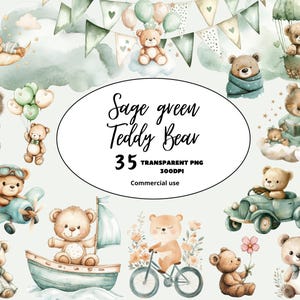 Aquarela Teddy Bear Sage Green Clipart, chá de bebê fofo ursinho de pelúcia, lua estrelas nuvens, aniversário de menino, arte de berçário, download instantâneo