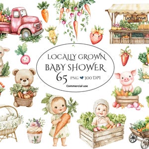 May include: Watercolor illustrations featuring a baby shower theme with a locally grown produce motif. Includes a pink truck, market stall, baby animals, and babies with vegetables. The text reads "Locally Grown Baby Shower".