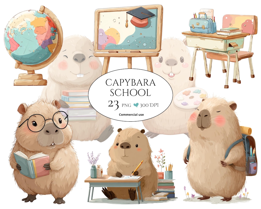 Capybara School Clipart Bundle, Chibi Animals, Classroom and Nursery ...