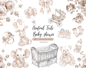 Neutral  Baby Shower Toile de Jouy Clipart Bundle, French Floral Style PNG (Digital Download)