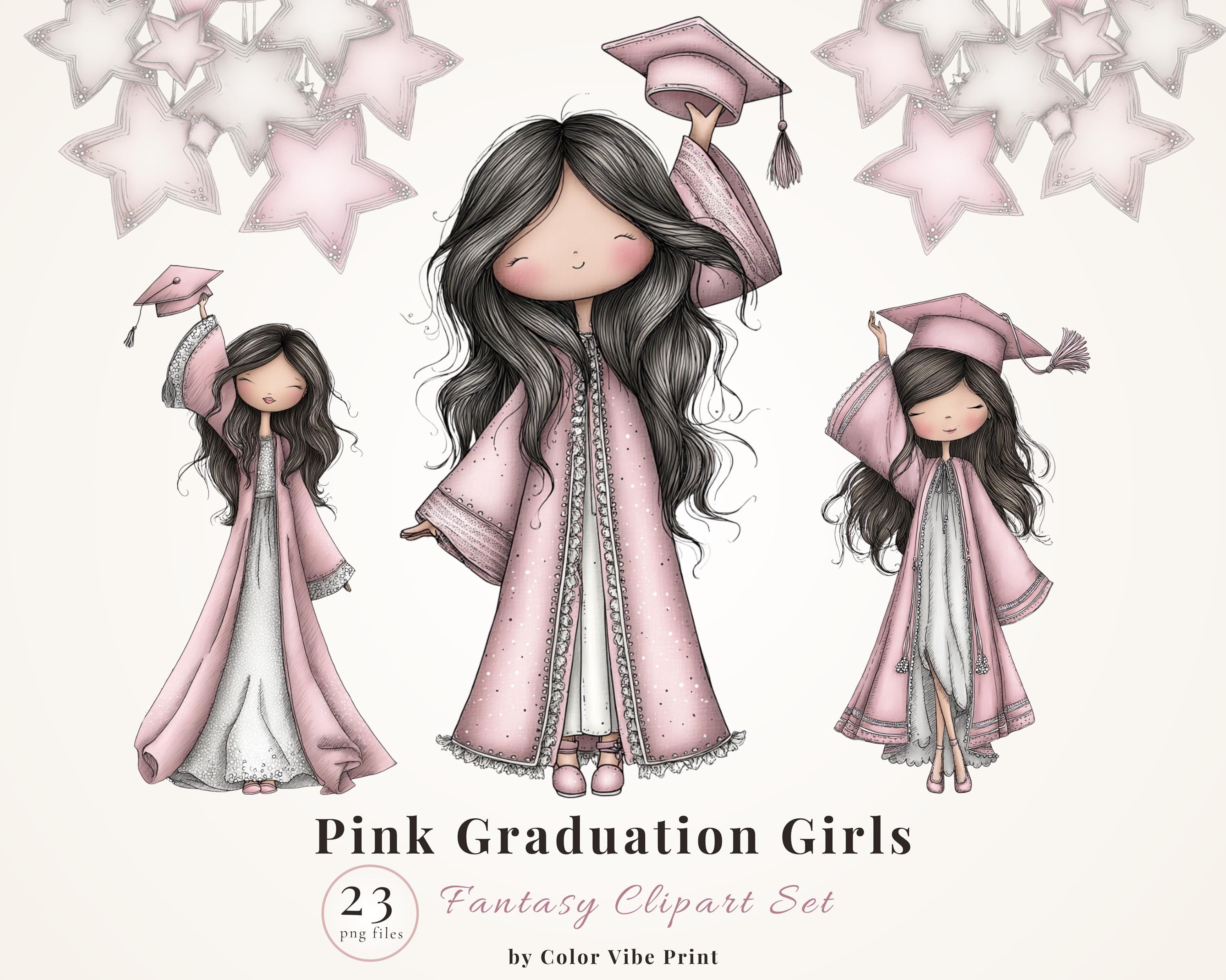 Pink Graduation Objects Animated Pink Graduation Girls Clipart Bundle, Highschool Graduate 23 PNG ...