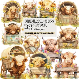 Aquarelle Cute Highland Cow Clipart, Cute Vache des Highlands animée, Boho PNG design, Wagon occidental décoratif Utilisation commerciale