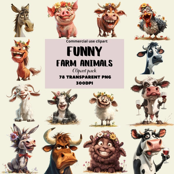 Cute and Funny Farm Animals Clipart PNG Bundle - 78 PNG Cow, Goat, Pig, Sheep, Horse, Chicken Clip Art-Digital Download Commercial Use