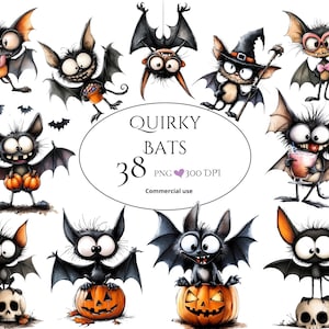 May include: A collection of 12 quirky cartoon bats in various poses. The bats are black with orange or tan wings and ears, and have exaggerated facial expressions. Some bats are holding pumpkins or drinks. The image includes the text "Quirky Bats 38 PNG 300 DPI Commercial use."