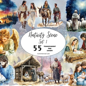 Crèche de Noël Aquarelle Noël Clipart, Artisanat et décor religieux de la Sainte Famille, Noël Jésus Naissance Clipart, Téléchargement numérique