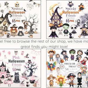 Pu&ograve; includere: Una collezione digitale di quattro pacchetti di clipart a tema Halloween con varie illustrazioni tra cui case infestate, fantasmi, streghe, scheletri e zucche con etichette di testo come Neutral Halloween Friends, Spooky Halloween Friends, Pink Halloween Friends e Trick or Treat.