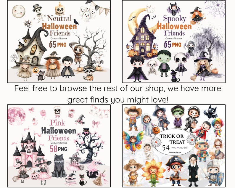 Pu&ograve; includere: Una collezione digitale di quattro pacchetti di clipart a tema Halloween con varie illustrazioni tra cui case infestate, fantasmi, streghe, scheletri e zucche con etichette di testo come Neutral Halloween Friends, Spooky Halloween Friends, Pink Halloween Friends e Trick or Treat.