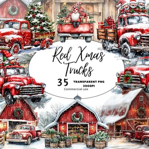 Aquarelle Rouge Noël Camion et Gnomes Clipart, Granges décorées, Fabrication de cartes, Papier numérique, Junk Journal, Artisanat, Noël