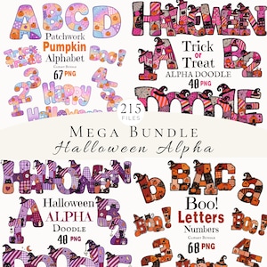 Peut inclure: Une collection graphique numérique présentant des lettres et des chiffres de l'alphabet sur le thème d'Halloween avec des motifs patchwork, des citrouilles, des chats et des chapeaux de sorcière, incluant le texte Patchwork Pumpkin Alphabet.