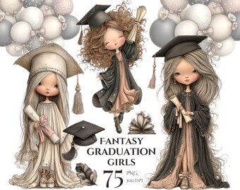 Fantasy Graduation Girls Clipart Bundle, Whimsical Graduate Characters, PNG Graphics (Digital Download)