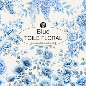 ブルーのトワルの花のクリップアート、フランスのシノワズリの花、ダスティブルーのベビーシャワーPNG、藤、アジサイ、花のフレームボーダー、ジャンクジャーナル