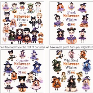 Pu&ograve; includere: Una collezione digitale di illustrazioni di personaggi a tema Halloween con varie figure in costume, tra cui streghe, fantasmi e bambini con zucche. Il testo include Little Halloween Friends 50 PNG, Purple Halloween Witches 40 PNG, Coquette Halloween Witches 26 PNG e Whimsical Halloween Witches 20 PNG.