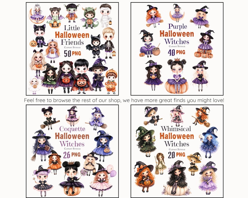 Pu&ograve; includere: Una collezione digitale di illustrazioni di personaggi a tema Halloween con varie figure in costume, tra cui streghe, fantasmi e bambini con zucche. Il testo include Little Halloween Friends 50 PNG, Purple Halloween Witches 40 PNG, Coquette Halloween Witches 26 PNG e Whimsical Halloween Witches 20 PNG.
