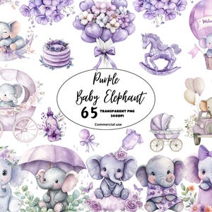 Chá de bebê de elefante roxo clipart PNG, aquarela violeta fofo bebê menino menina decoração de berçário, arte de berçário, elefante de berçário, uso comercial