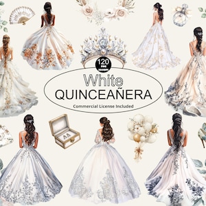 Aquarel witte Quinceanera-jurk cliparts, bruidsjurken, doe-het-zelf uitnodiging, Mexicaanse jurk, prinsessenelementen, feestdecoraties