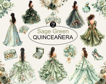 Imágenes prediseñadas de acuarela verde salvia para quinceañera, vestidos de boda y graduación, invitaciones DIY, vestidos estilo mexicano, elementos de princesa, decoraciones para fiestas.