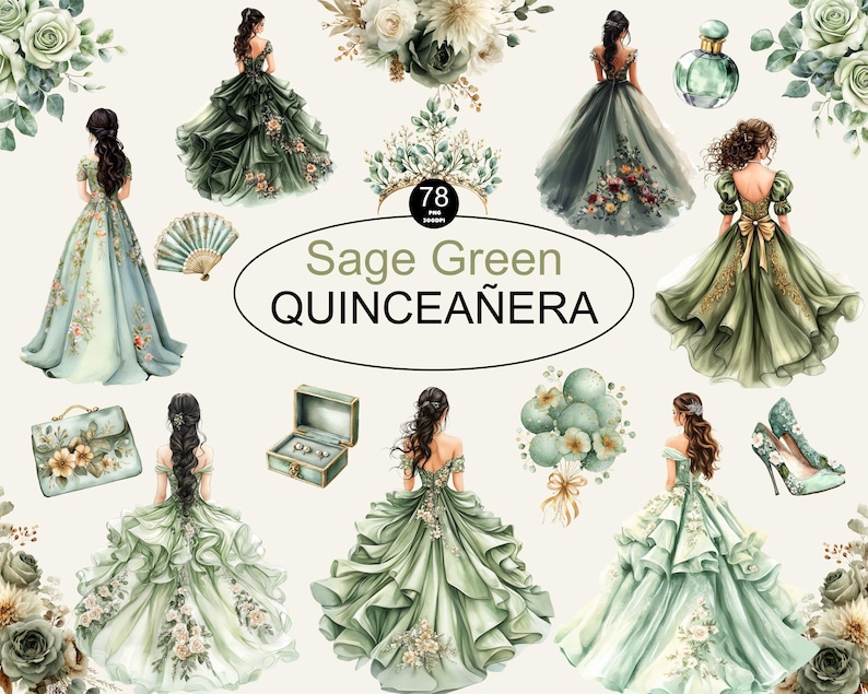 Puede incluir: Ilustraciones en acuarela con vestidos de quincea&ntilde;era verde salvia, accesorios y arreglos florales. La imagen incluye una variedad de dise&ntilde;os de vestidos, una caja de joyas, un bolso y zapatos de tac&oacute;n alto. El texto dice "Sage Green Quincea&ntilde;era".