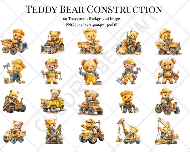 Construction Teddy Bear Clipart Bundle, Watercolor Birthday PNG ...