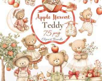 Imágenes prediseñadas de ositos de peluche de la cosecha de manzanas en acuarela PNG con fondo transparente Imágenes prediseñadas de otoño Diseño de invitación para baby shower Estilo campestre Otoño