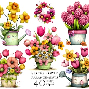 May include: Watercolor illustrations of spring flower arrangements. The image features various bouquets of daffodils, tulips, and other flowers in watering cans and pots. The text reads "Spring Flower Arrangements 40 PNG Clipart."