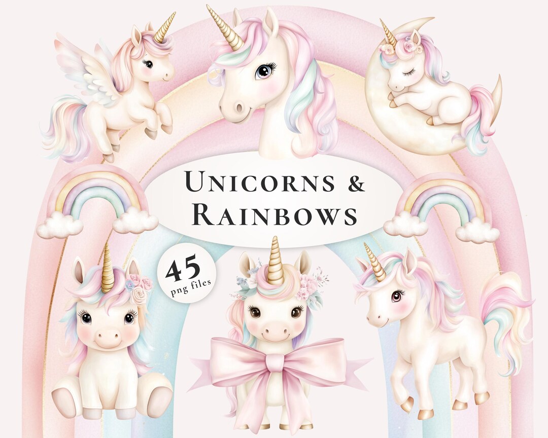 Unicorn Rainbow Clipart Bundle, Watercolor PNG Graphics, Pastel Nursery ...