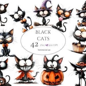 May include: A collection of cartoon black cats in various poses, some wearing witch hats or holding Halloween-themed items. The image includes the text "BLACK CATS" and "42 PNG 300 DPI Commercial use."