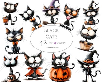 Pacchetto di clipart divertenti e stravaganti di gatti neri per Halloween, gatti spettrali e stravaganti, immagini PNG di cartoni animati carini, pipistrelli delle streghe, disegni stravaganti, grafica di Halloween