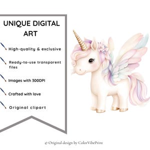 Puede incluir: Ilustraci&oacute;n de un unicornio blanco con cuerno dorado, alas pastel y una flor en el pelo. La imagen incluye el texto &laquo;UNIQUE DIGITAL ART&raquo; y enumera caracter&iacute;sticas como &laquo;Alta calidad y exclusivo&raquo; y &laquo;Clipart original&raquo;.