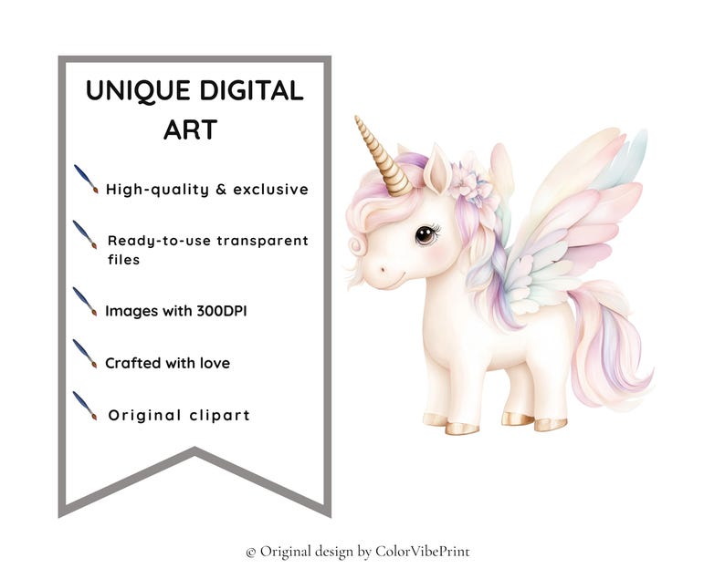 Puede incluir: Ilustraci&oacute;n de un unicornio blanco con cuerno dorado, alas pastel y una flor en el pelo. La imagen incluye el texto &laquo;UNIQUE DIGITAL ART&raquo; y enumera caracter&iacute;sticas como &laquo;Alta calidad y exclusivo&raquo; y &laquo;Clipart original&raquo;.