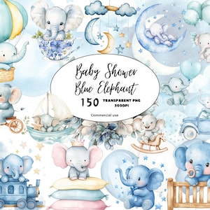 Blue Elephant Baby Shower Clipart PNG, Acquerello Cute Baby Boy Nursery Decor, Download istantaneo, Nursery Art, Nursery Elephant, Uso commerciale