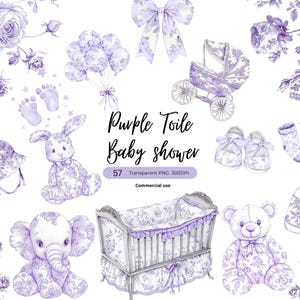 Toile Purple Baby Shower Nursery Clipart, Baby Girl Clipart, Chinoiserie png, French Toil de Jouy, Toile Floral, French Baby Shower