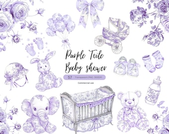 Op de afbeelding: Waterverfillustraties van baby shower-artikelen in paarse tinten, waaronder een wieg, een kinderwagen, knuffels, babyschoenen, sokken en een fles. De tekst "Purple Toile Baby shower" is ook inbegrepen.