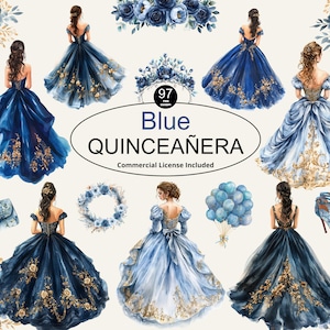 Aquarelblauwe Quinceanera-cliparts, galajurken voor bruiloften, doe-het-zelfuitnodiging, Mexicaanse jurk, prinsessenelementen, feestdecoraties